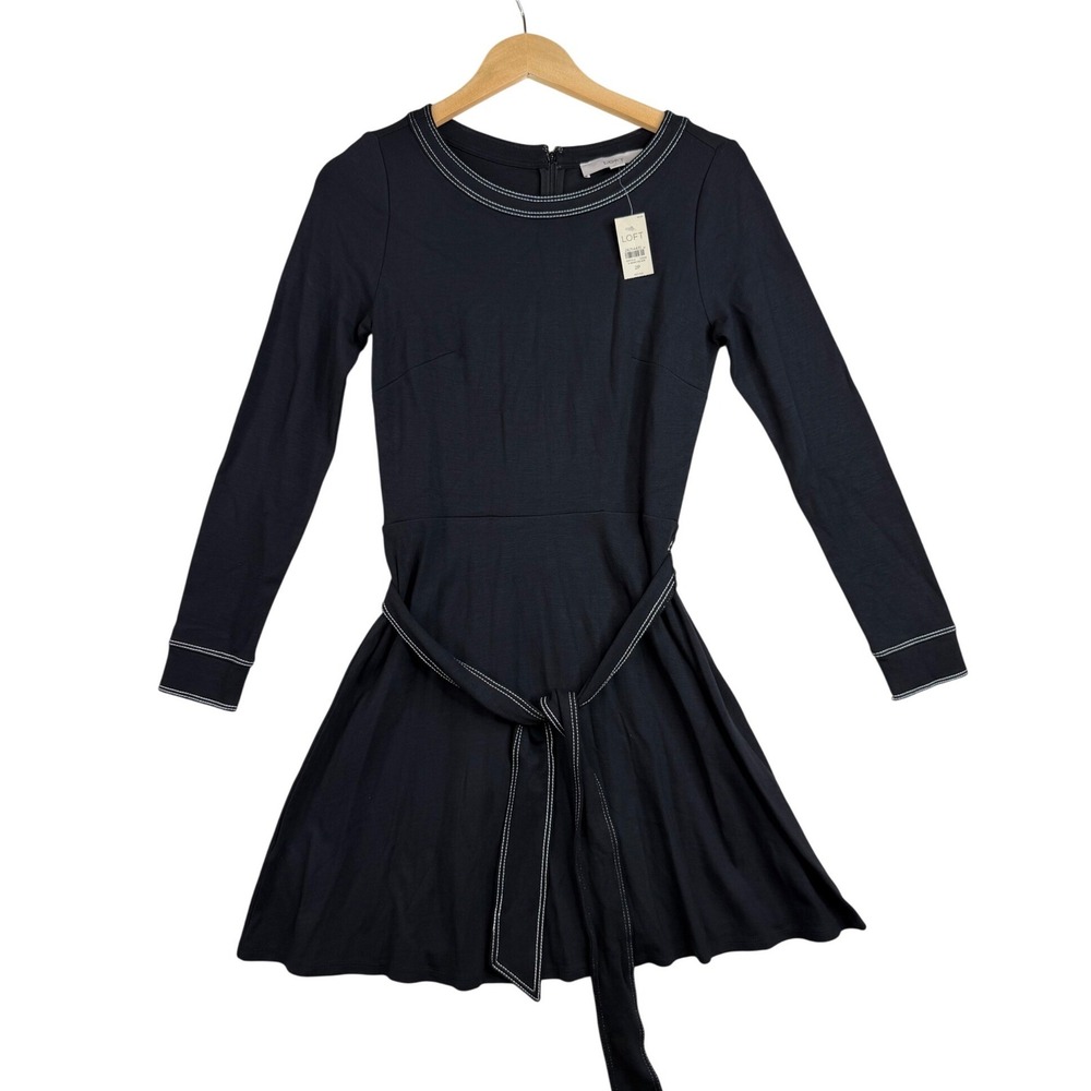 NWT Loft Topstitched Tie Waist Flare Long Sleeve Mini Dress size 2 Petite Black